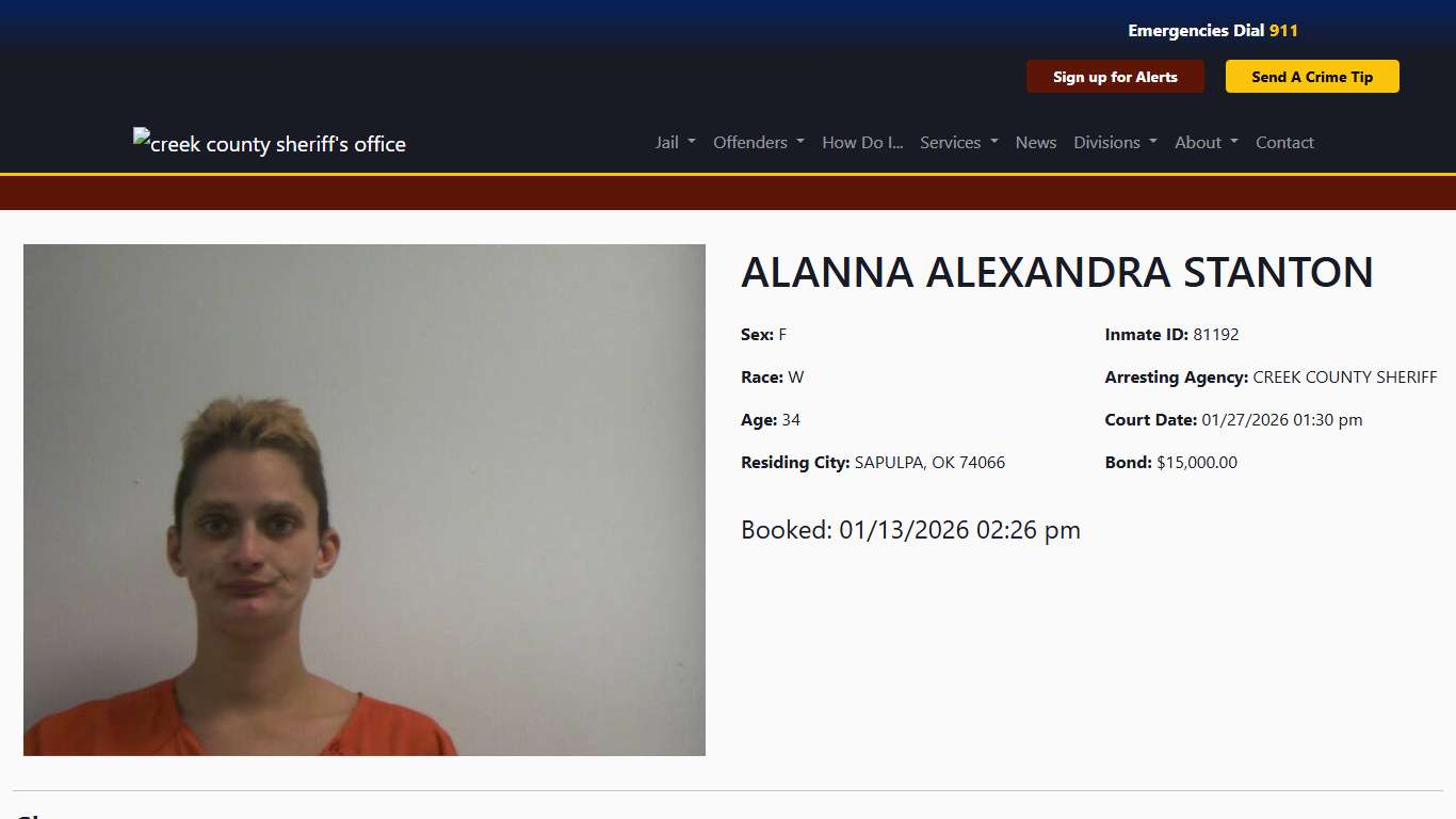 ALANNA STANTON Booked at the Creek County Jail
